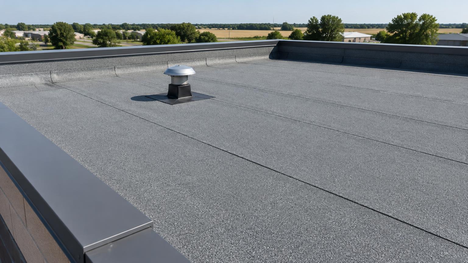 Illustrative mineral-surfaced low-slope roof, not a completed Kan Exteriors project